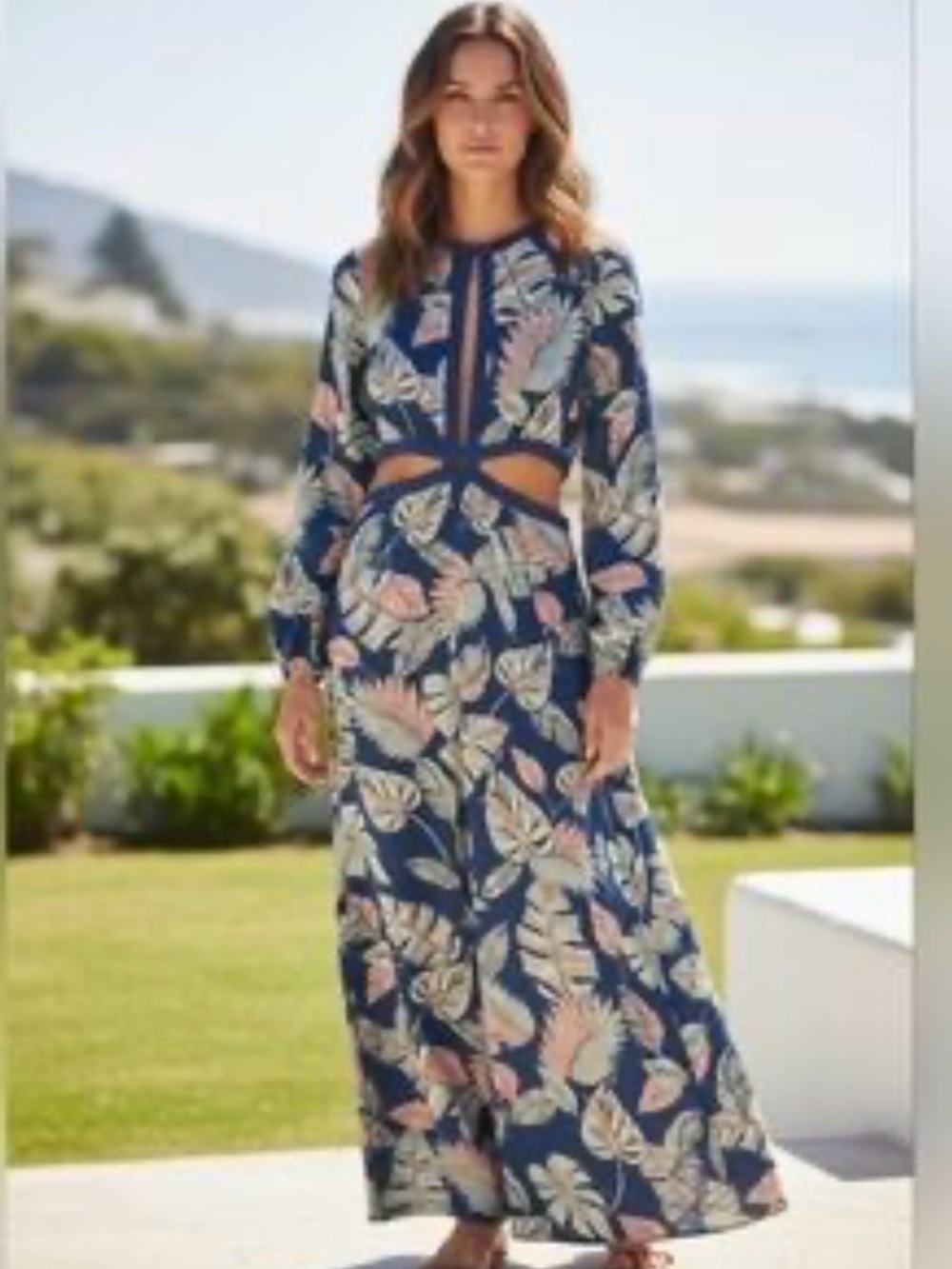Boohoo Navy Floral Cutout Maxi with Peachy pink & Cream Leaves